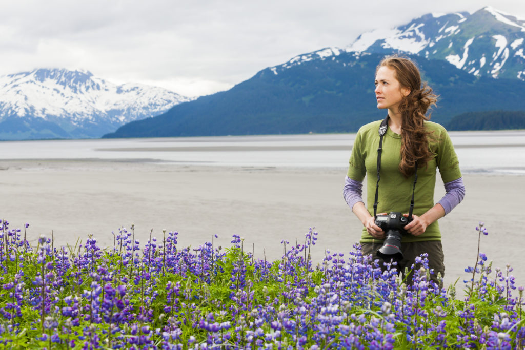 Lupine, Woman, Alaska Stock, USA, camera, mountains, snow, water