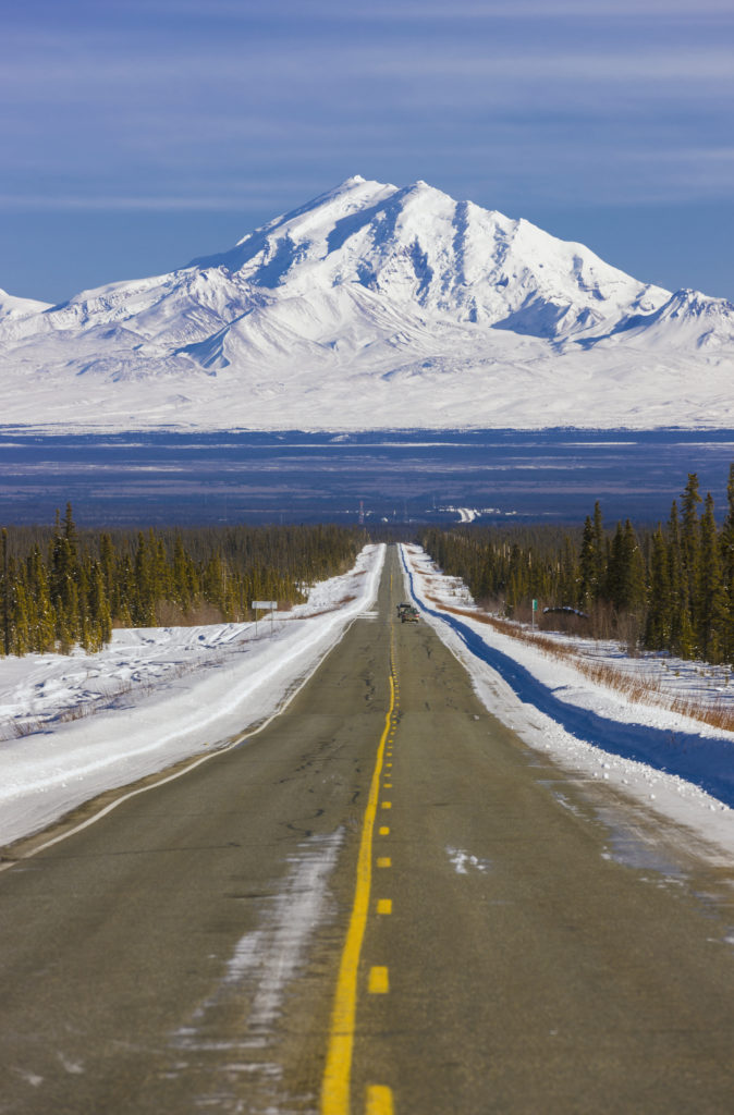 Distant, Highway, Alaska Stock, USA, Wrangell Mountains, Mount Drum