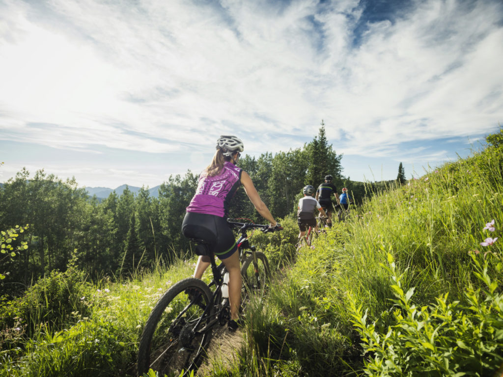 mountian biking, family, trees, cycling, clearing, forest, mountains, hills, Tetra Images