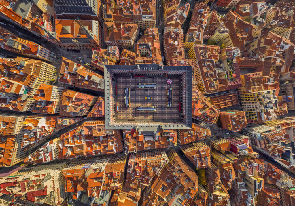 Madrid, Spain, Plaza Mayor, Aerial image, bird's eye view, Drone photography, royalty free