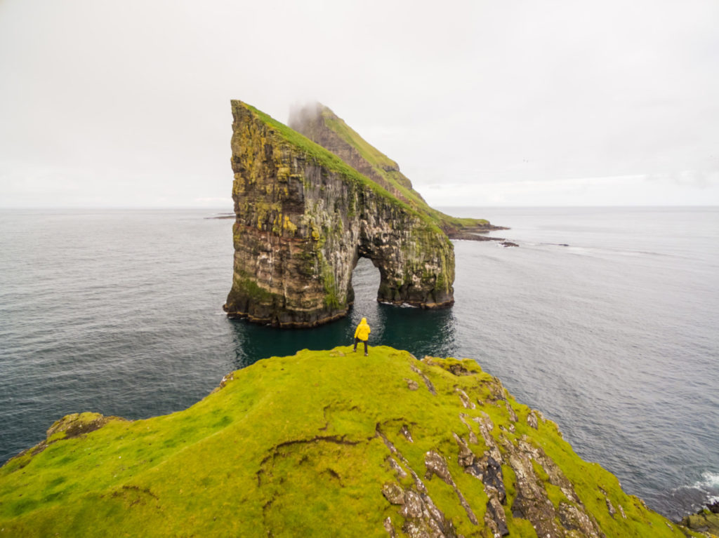 rock foramtion, rocks, rock island, peninsula, Faroe Islands, North Atlantic, Atlantic, isolated, bird's eye view, aerial image, drone photography, royalty free