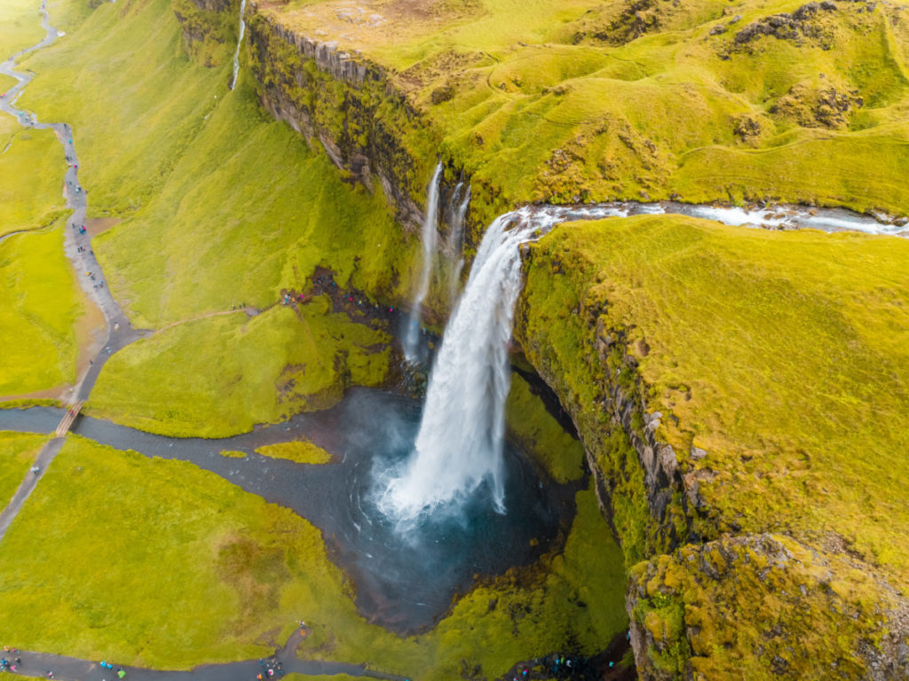 waterfall, green, river, Iceland, Seljalansfoss, bird's eye view, aerial image, drone photography, royalty free