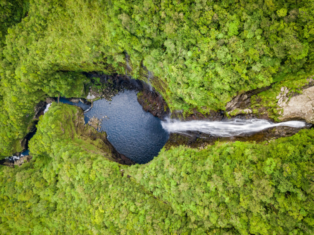 waterfall, jungle, Reunion, crater, park, bird's eye view, aerial image, drone photography, royalty free