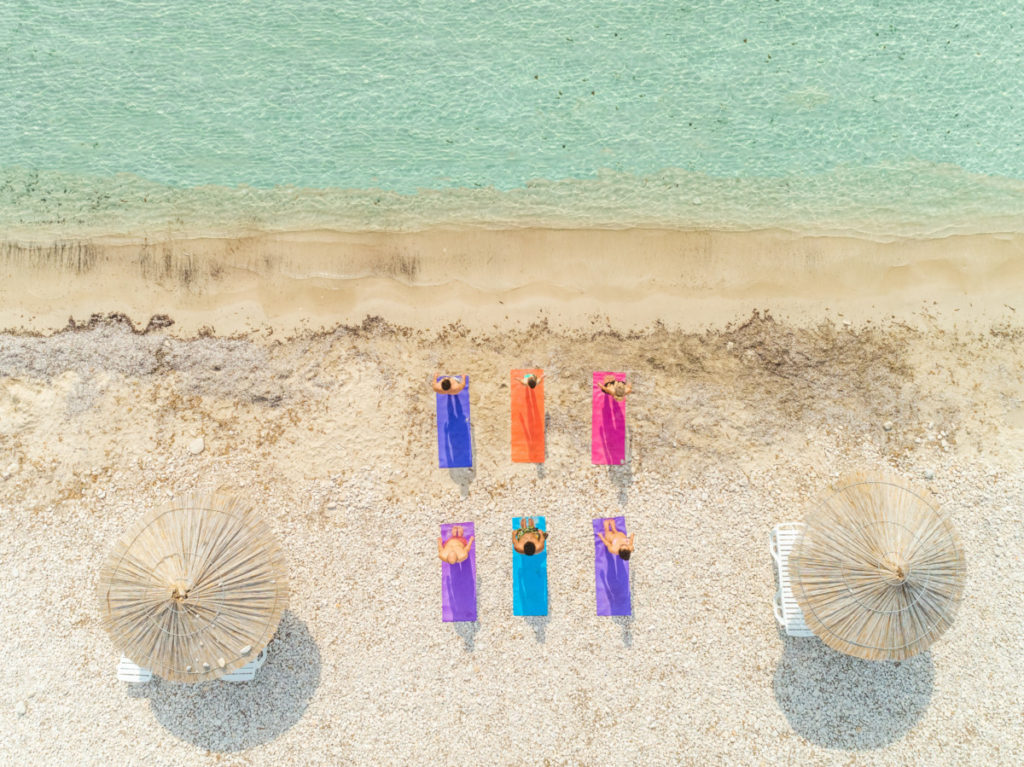 beach, croatia, matts, sunny, colourful, colorful, Yoga, Kurs,woman, man, group, people, sea, relaxing, sun, holiday, vacation, Model Release, bird's eye view, aerial image, drone photography, royalty free