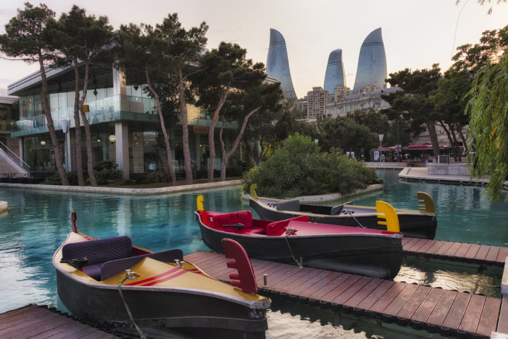 Water park, Flame Towers, high rises, skyscrapers, Baku, Azerbaijan, City of Football 2020, royalty free, photo, stockphoto, stockagency, panthermedia