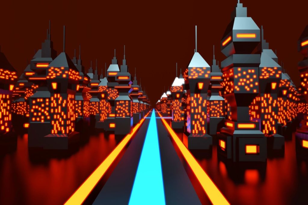 retro futurismus skyline neon grell illustration lizenzfrei straße computerspiel