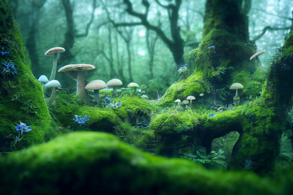 mushrooms forest ai-generated-image moss ai-image royalty free panthermedia