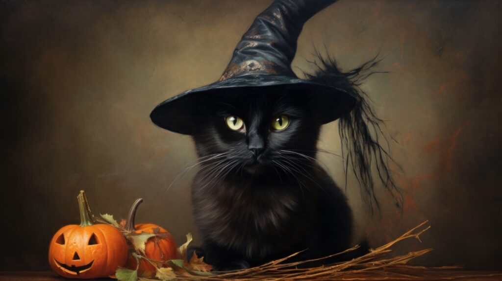 portrait black cat witch hat halloween generative ai autumn colours stock photos royalty free panthermedia