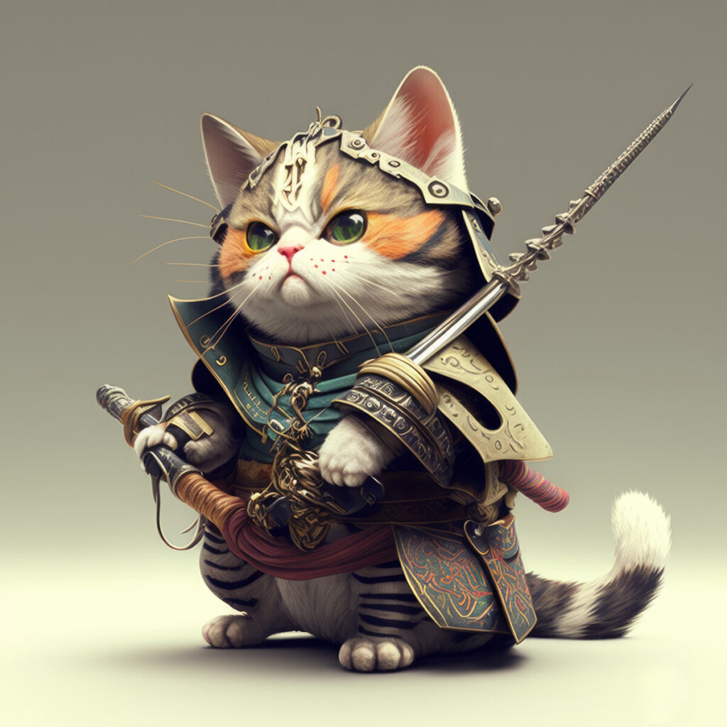 Samurai funny cat knight sword shield gray background generative ai stock photos royalty free ai image panthermedia