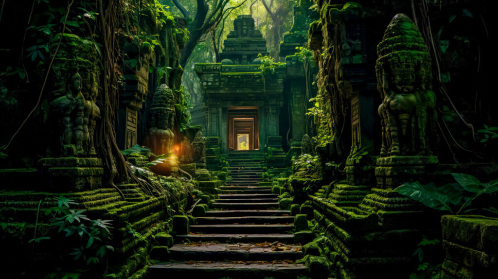 art fantasy perished civilization forest plants overgrown ruins steps temple, generative ai stock photos royalty free ai image panthermedia