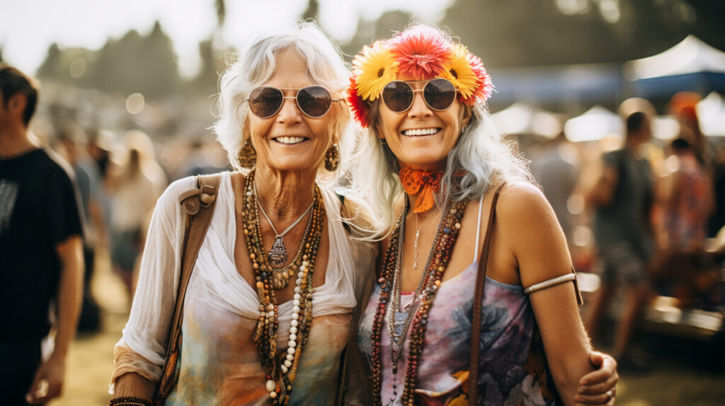 smiling elderly women hippies in 1970s clothing singing generative ai stock photos royalty-free ai image panthermedia