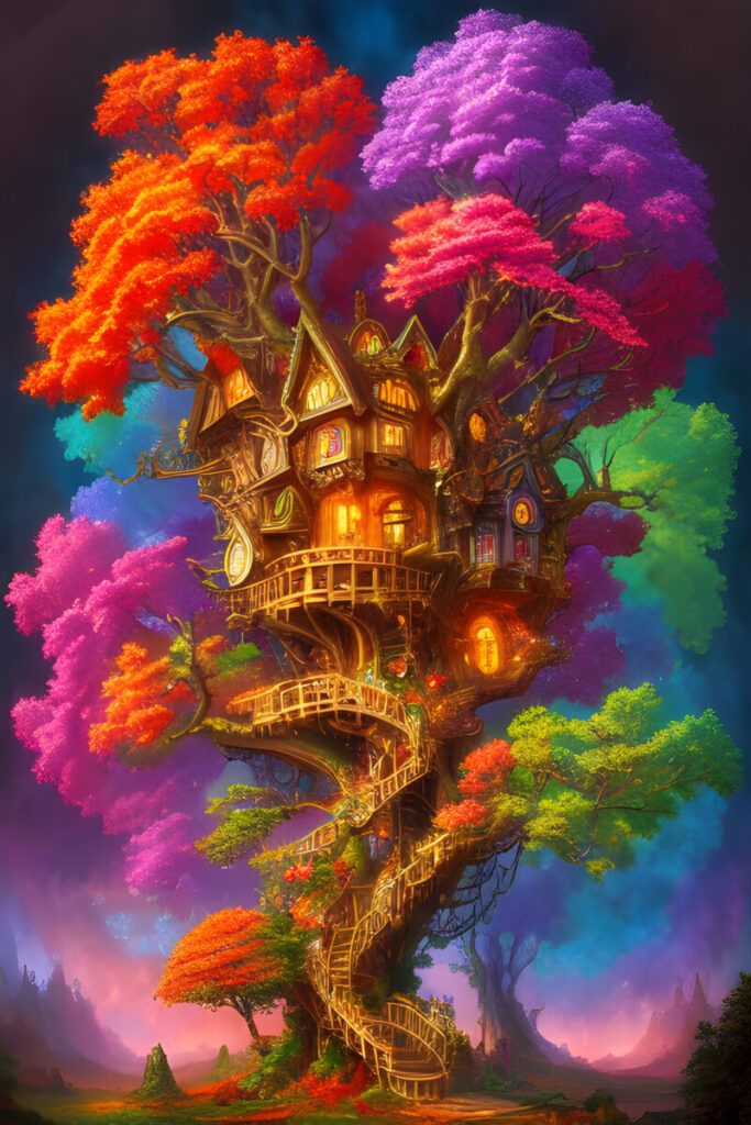 picturesque colorful magical huge tree kaleidoscope colors roots branches tree house generative AI stock photos royalty free ai image panthermedia
