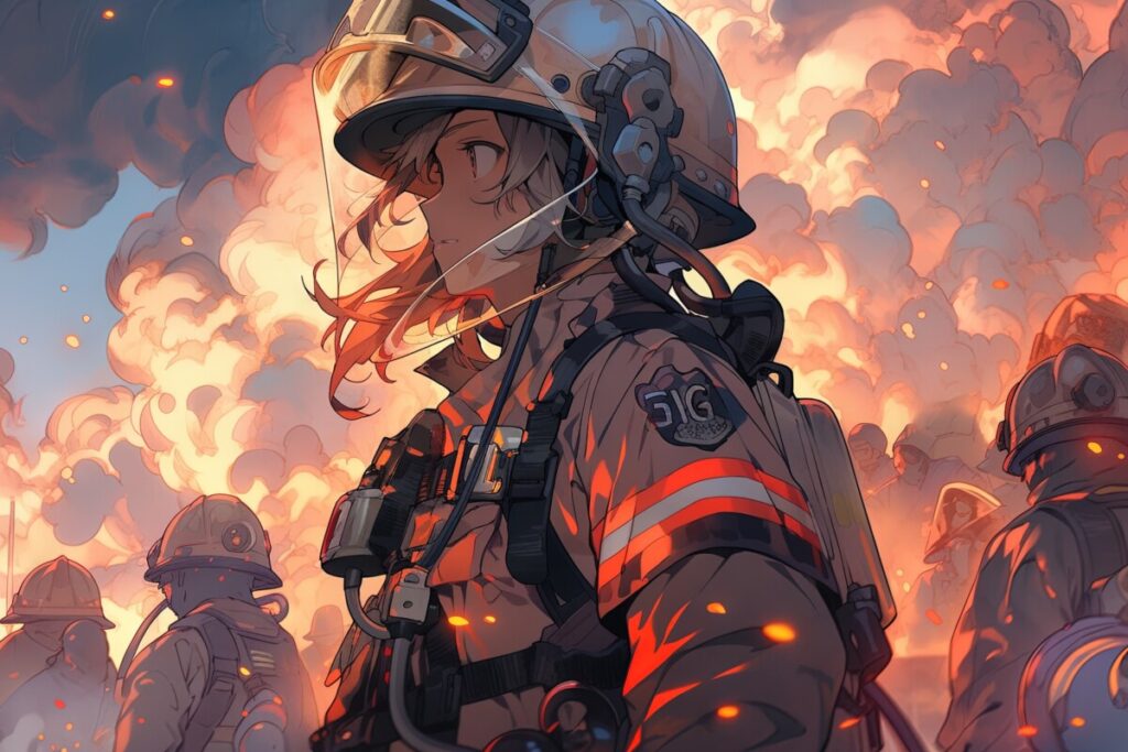 Firefighter plumes of smoke resilience courage danger manga anime style illustration generative AI stock photos royalty free ai image panthermedia